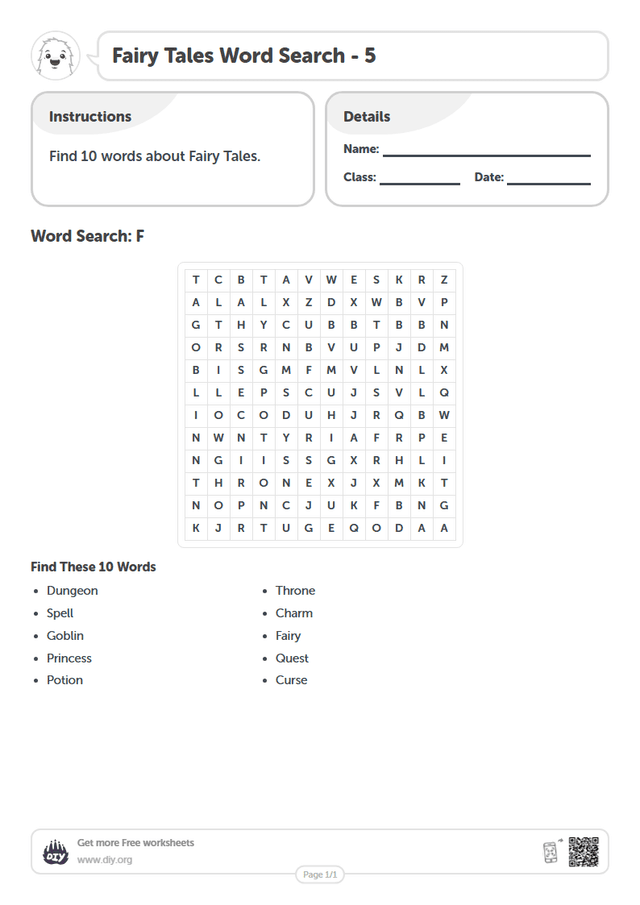 Fairy Tales Word Search page 1