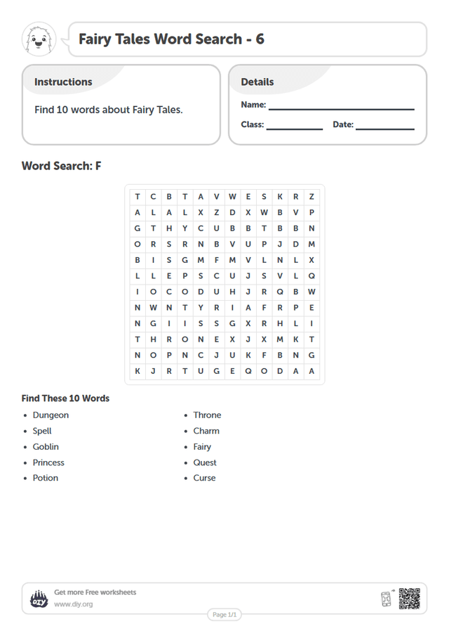 Fairy Tales Word Search page 1