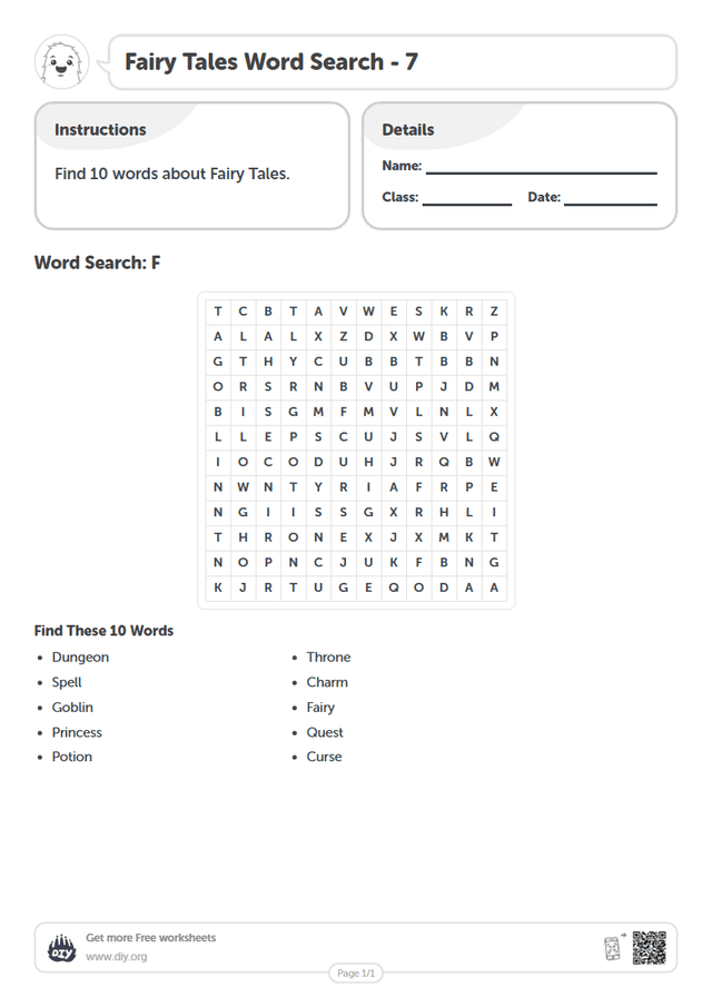 Fairy Tales Word Search page 1