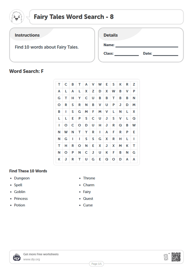 Fairy Tales Word Search page 1