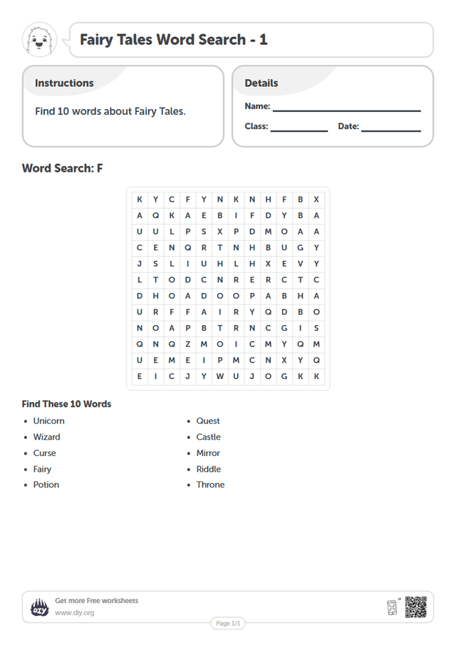 Fairy Tales Word Search page 1