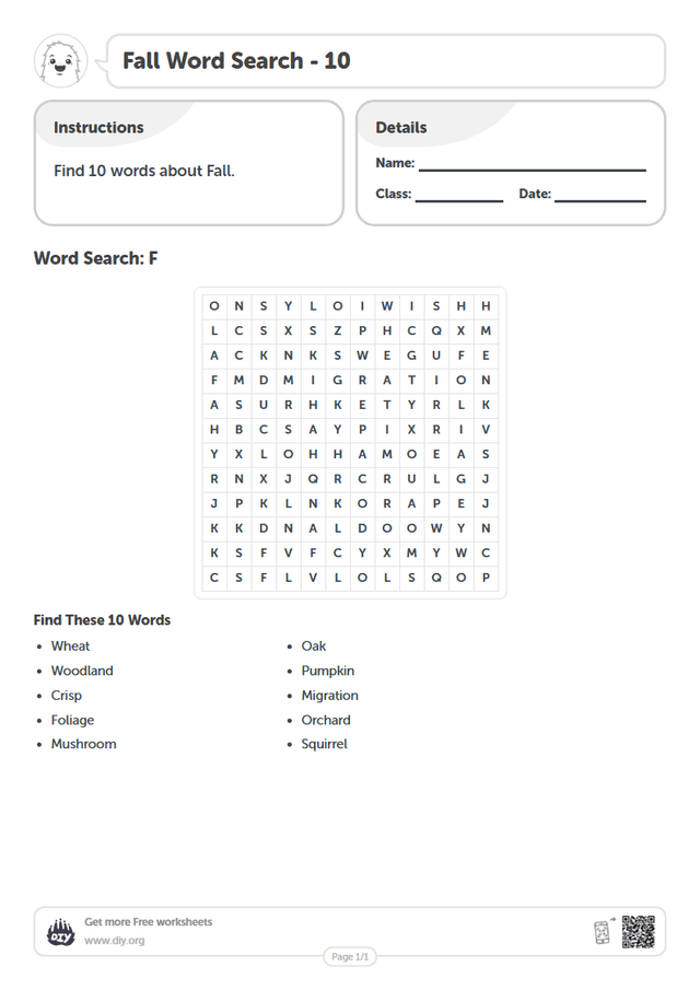 Fall Word Search page 1