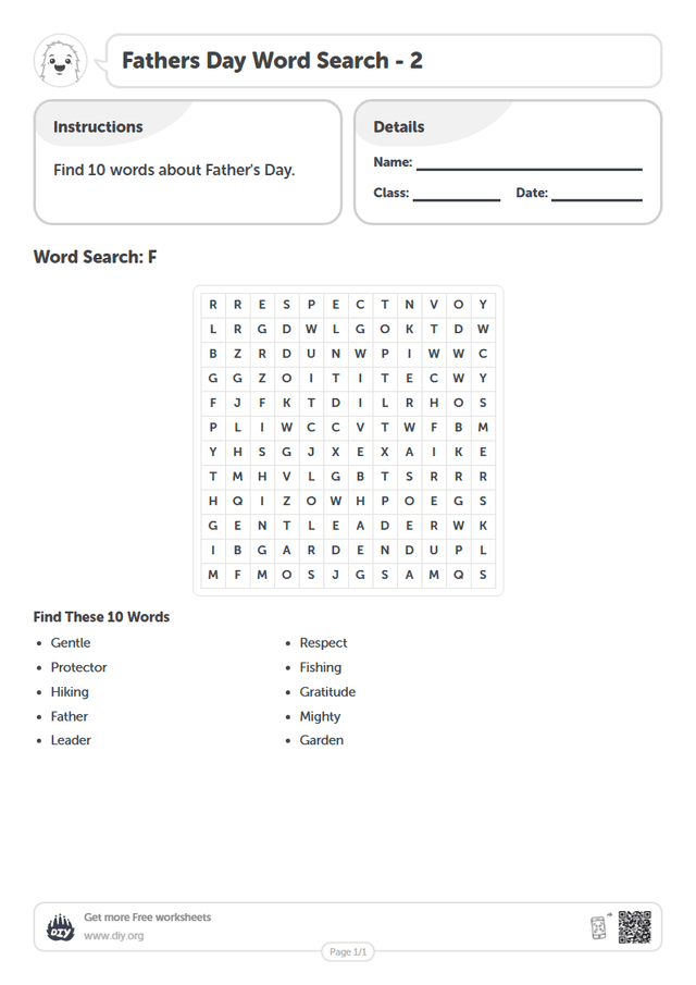 Fathers Day Word Search page 1