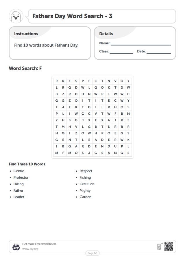 Fathers Day Word Search page 1
