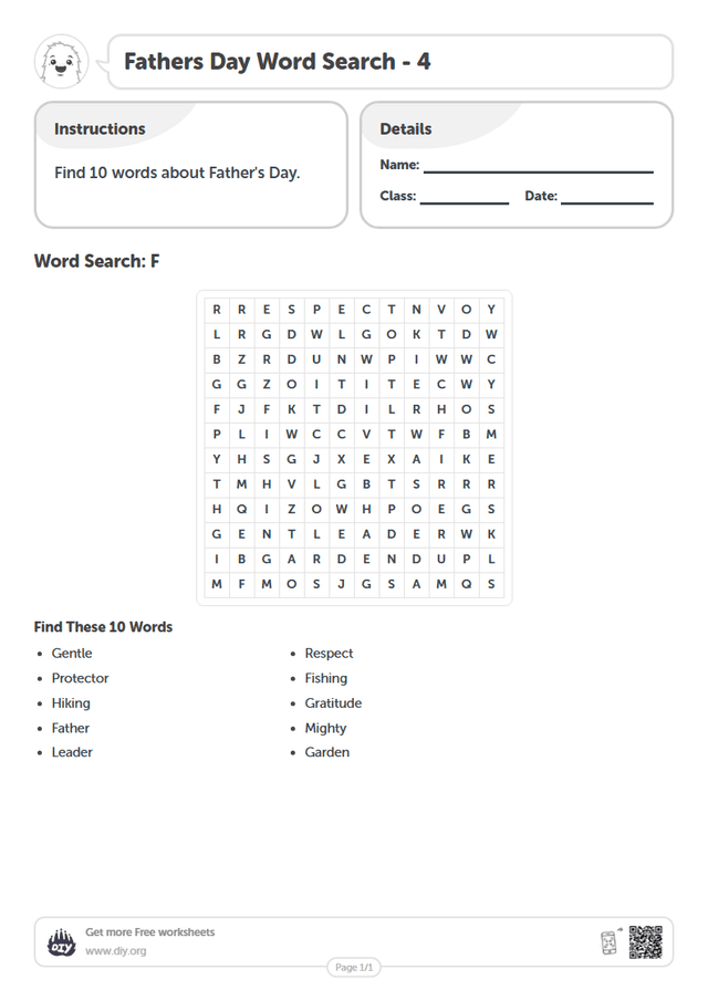 Fathers Day Word Search page 1