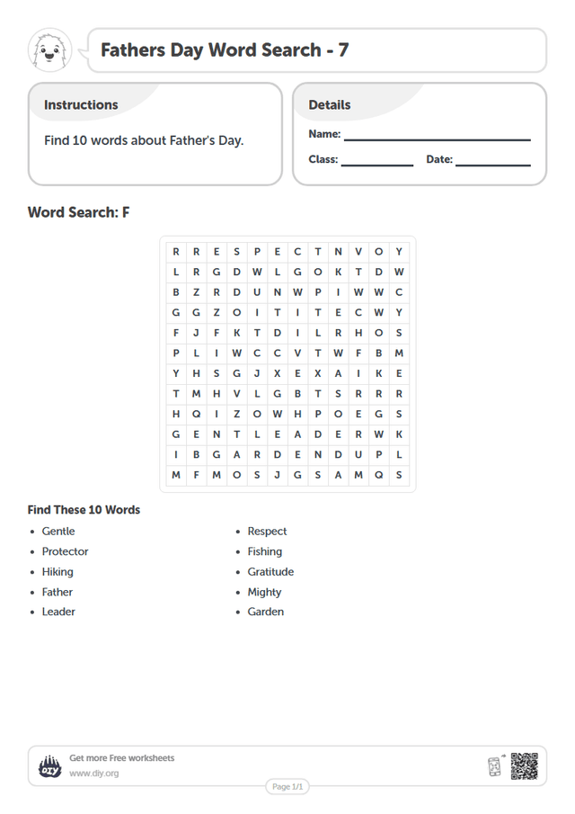 Fathers Day Word Search page 1