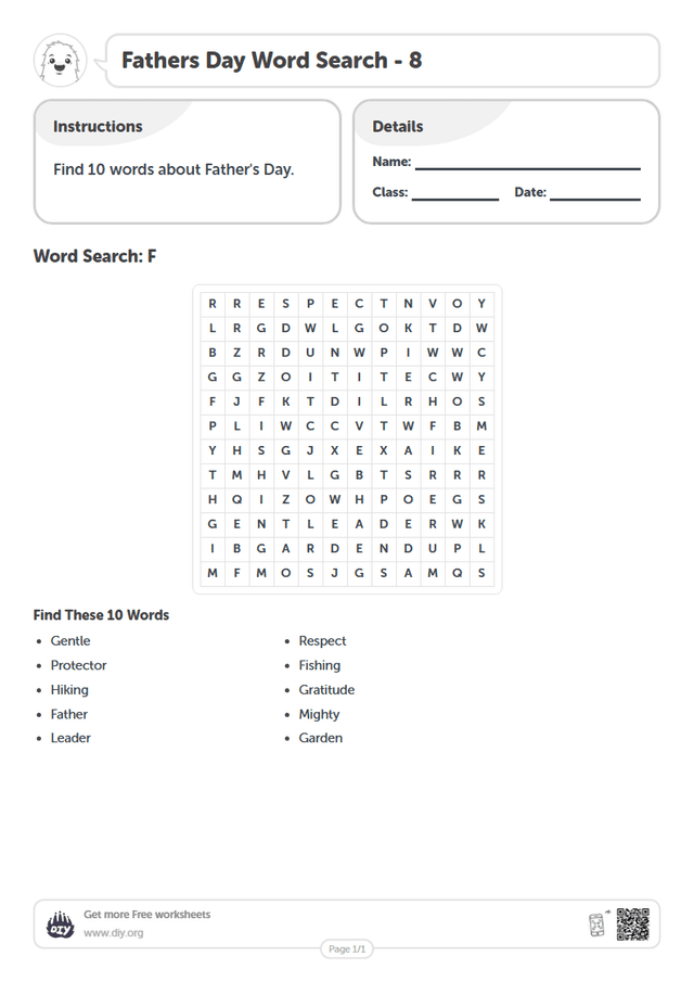 Fathers Day Word Search page 1