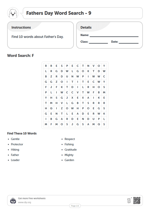 Fathers Day Word Search page 1