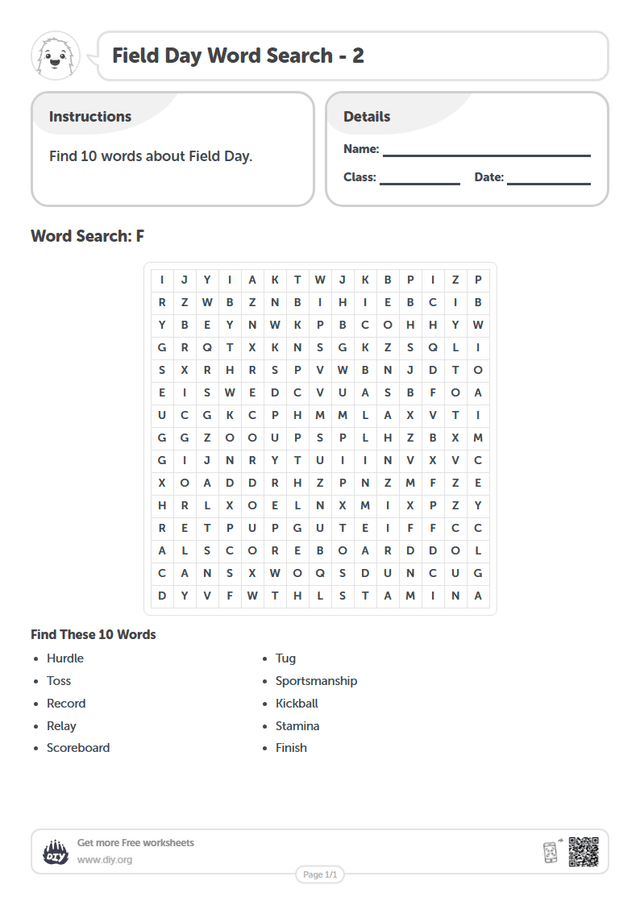 Field Day Word Search page 1