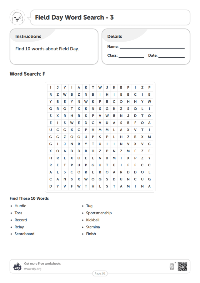 Field Day Word Search page 1