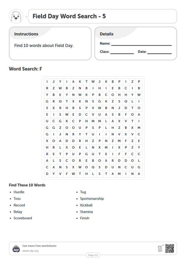 Field Day Word Search page 1