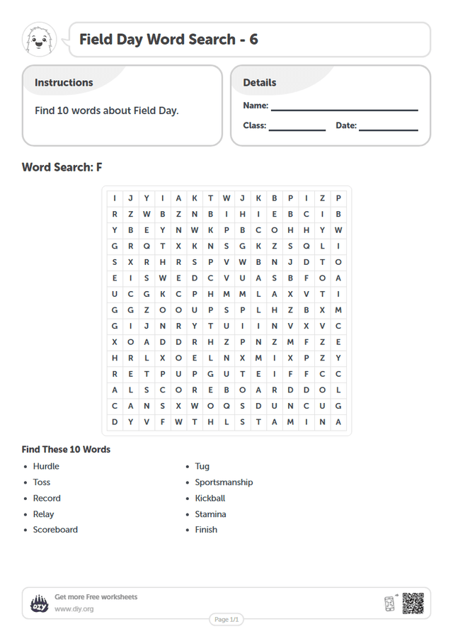 Field Day Word Search page 1