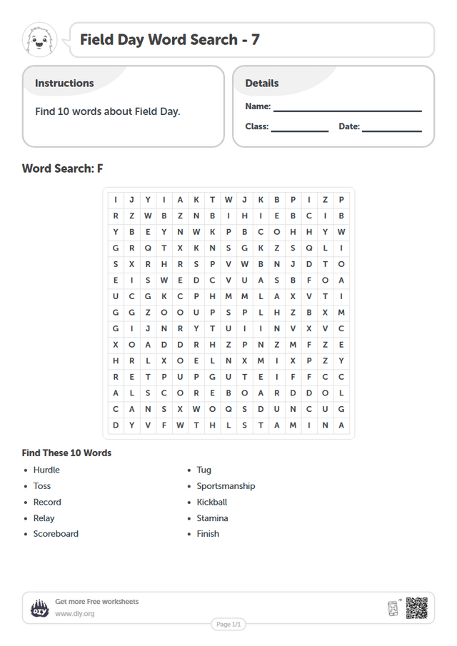 Field Day Word Search page 1