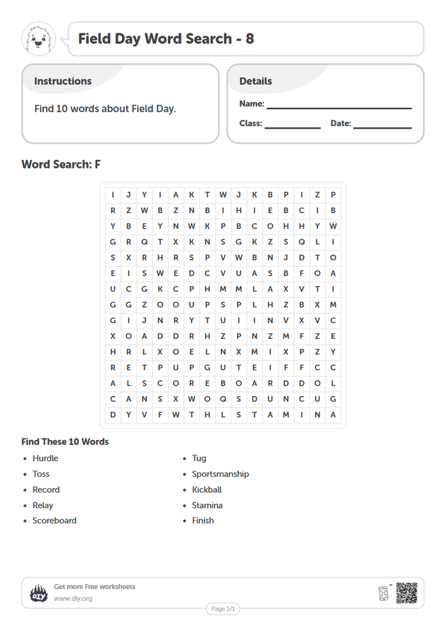 Field Day Word Search page 1