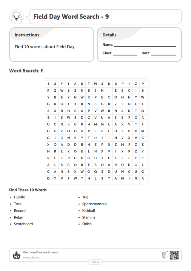 Field Day Word Search page 1