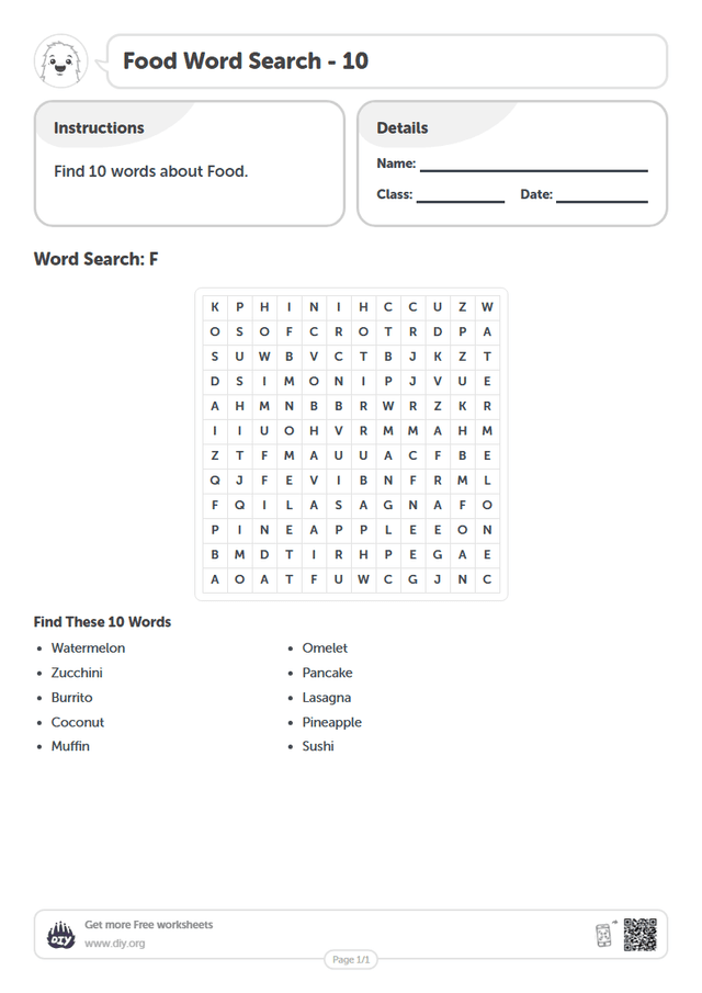 Food Word Search page 1