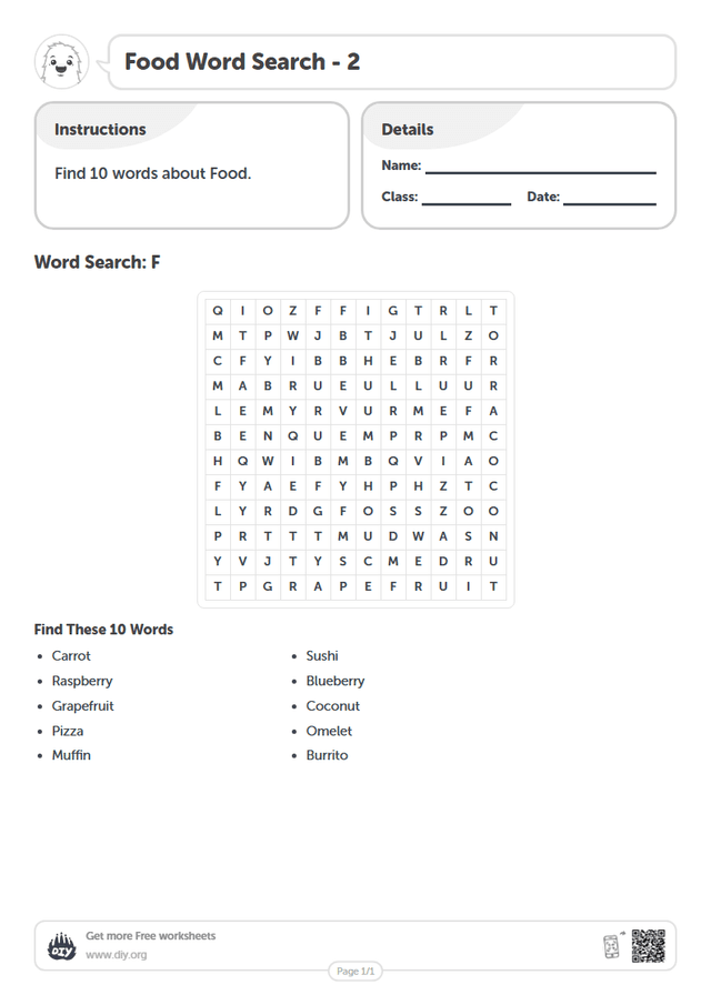 Food Word Search page 1