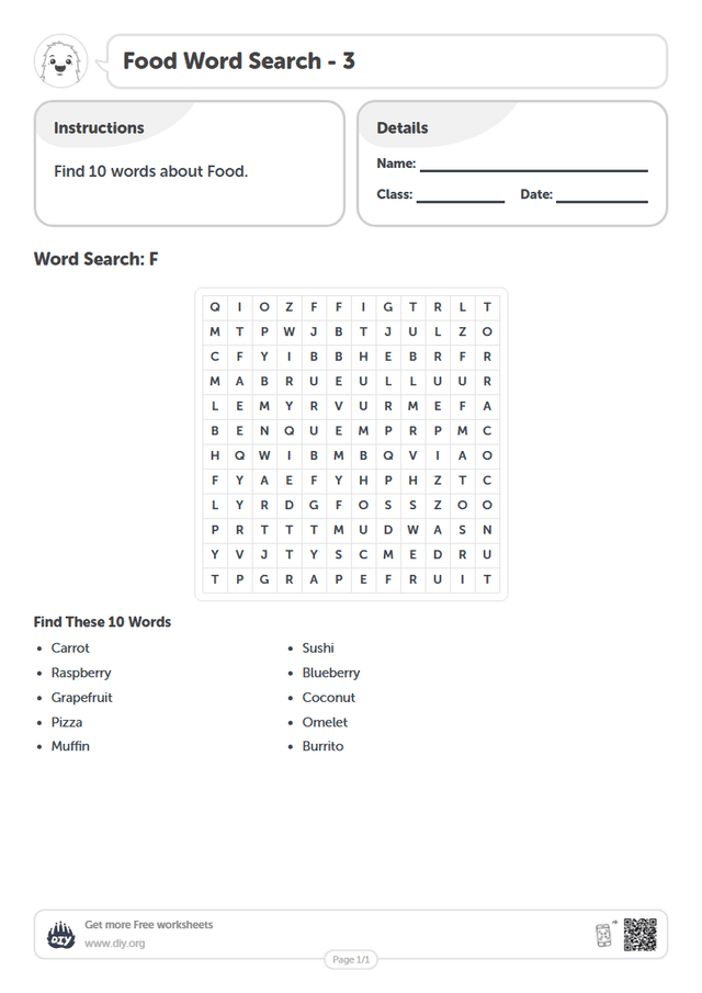 Food Word Search page 1