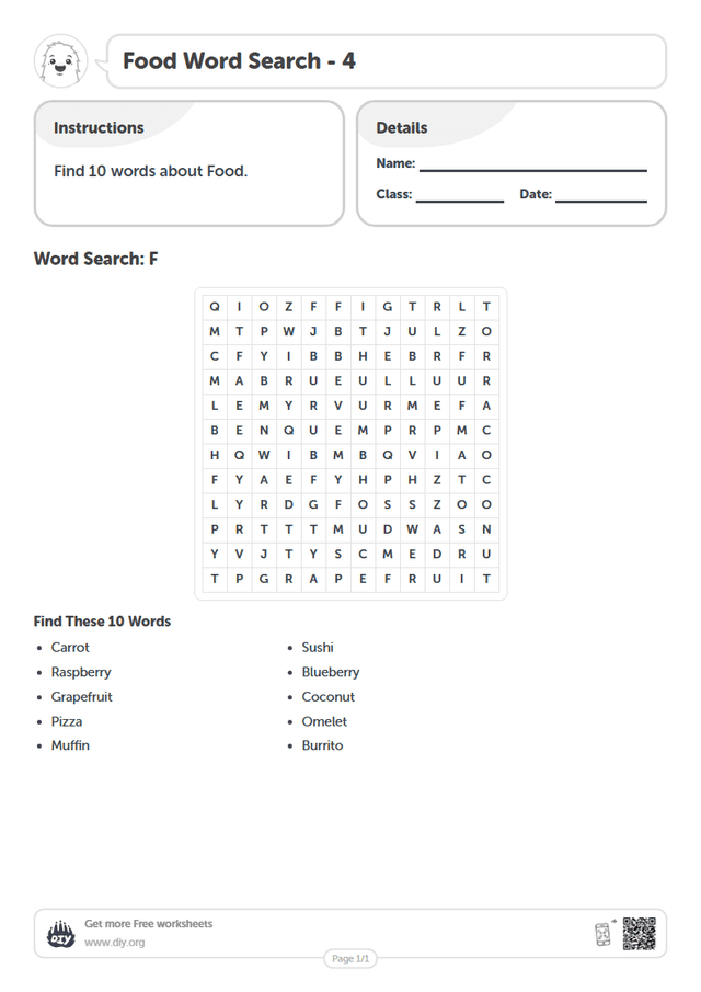 Food Word Search page 1