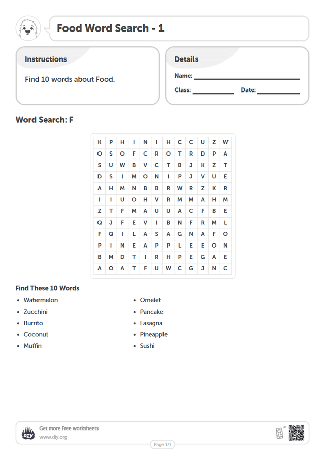 Food Word Search page 1