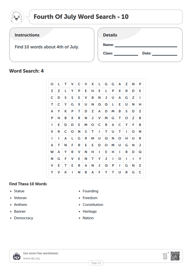 Fourth Of July Word Search page 1