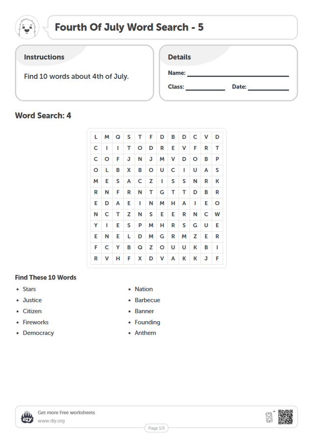 Fourth Of July Word Search page 1