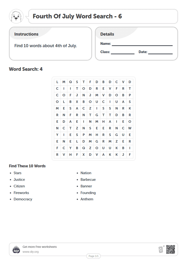 Fourth Of July Word Search page 1
