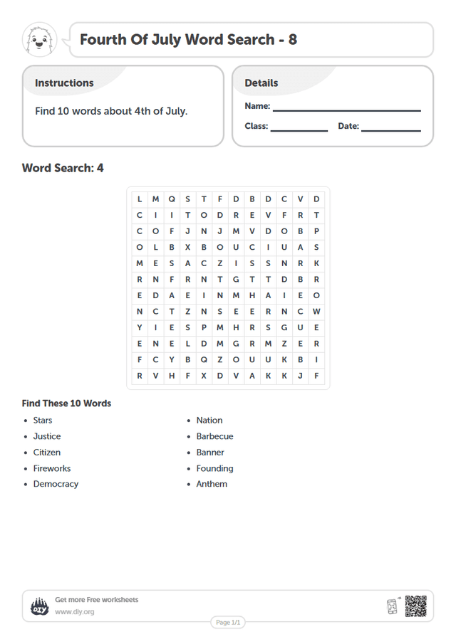 Fourth Of July Word Search page 1