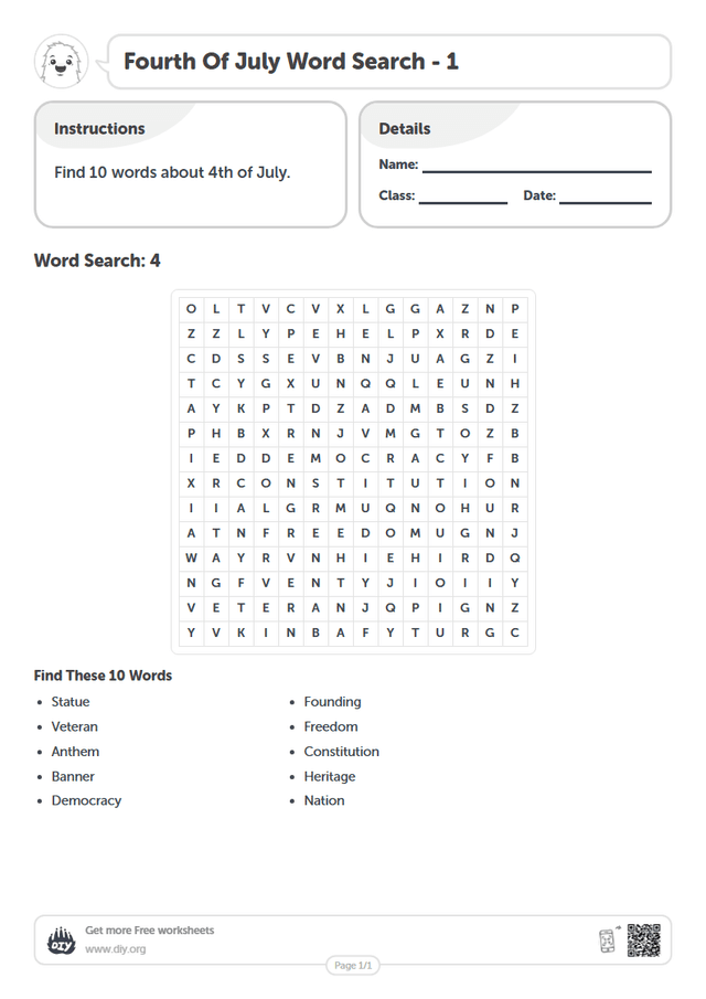 Fourth Of July Word Search page 1