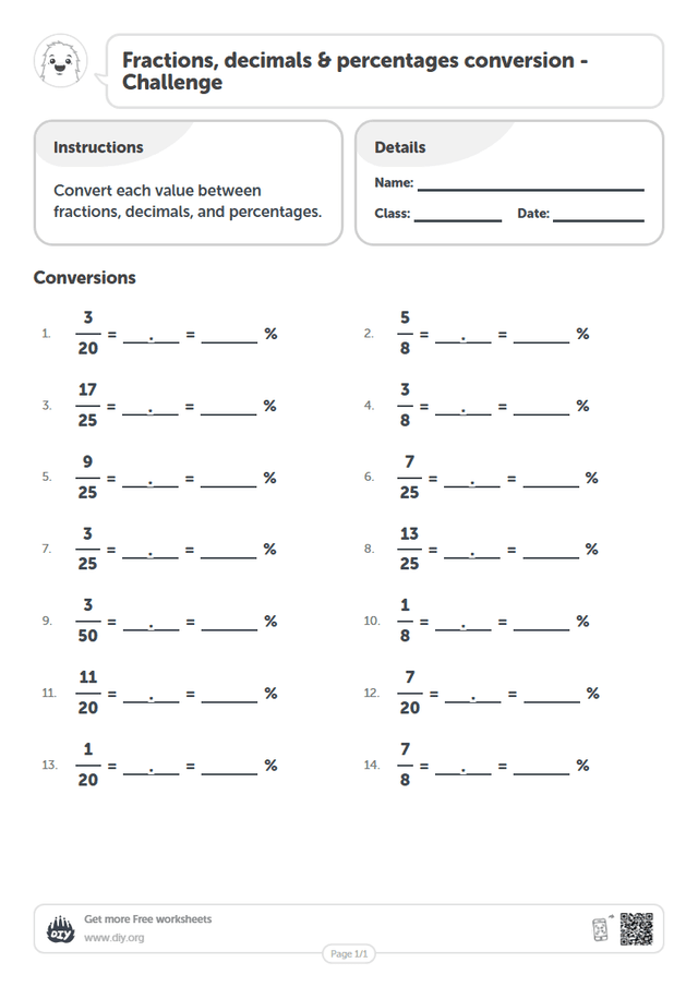 Fractions, decimals & percentages conversion page 1