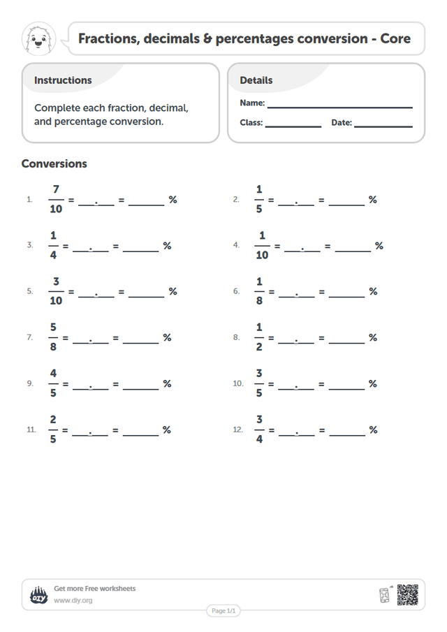Fractions, decimals & percentages conversion page 1
