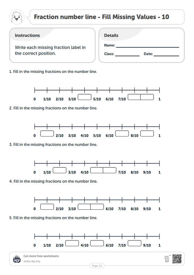 Fraction number line - Fill Missing Values - 10 page 1