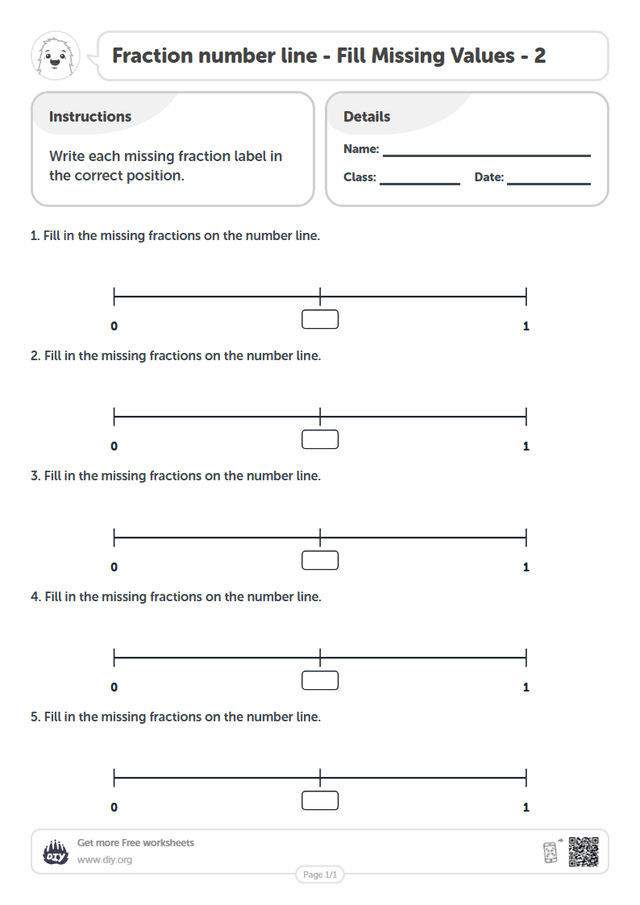 Fraction number line - Fill Missing Values - 2 page 1