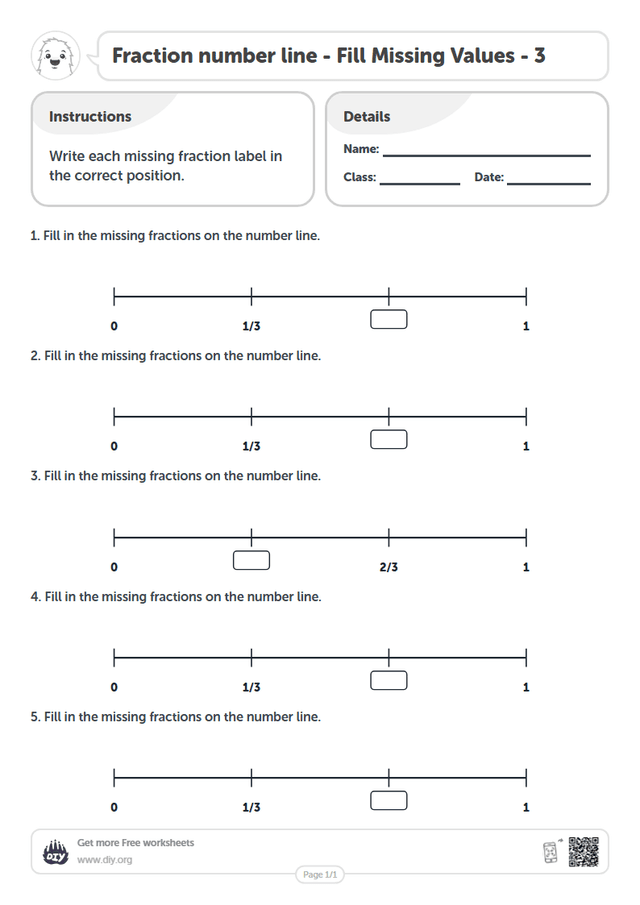 Fraction number line - Fill Missing Values - 3 page 1