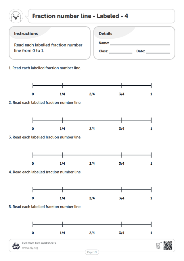 Fraction number line - Labeled - 4 page 1