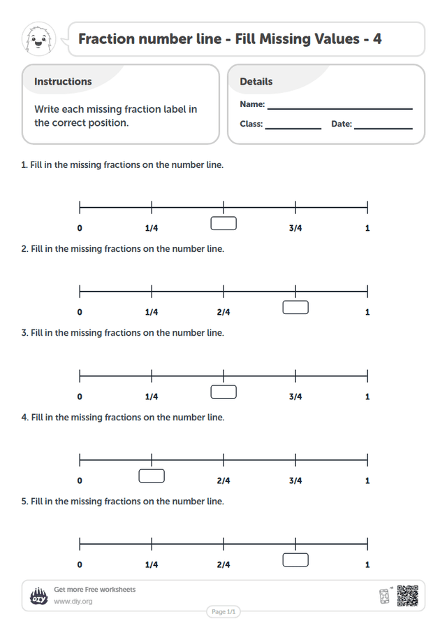 Fraction number line - Fill Missing Values - 4 page 1