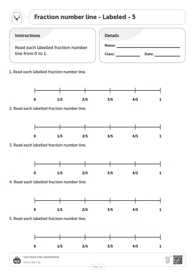 Fraction number line - Labeled - 5 page 1