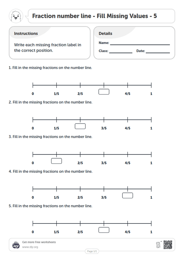 Fraction number line - Fill Missing Values - 5 page 1