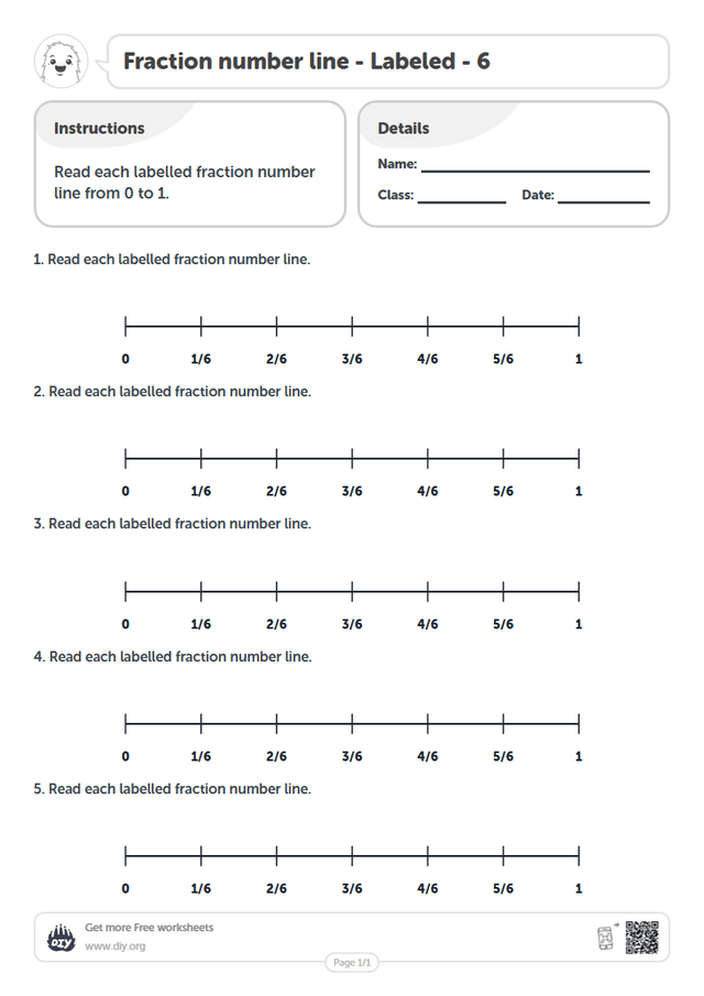 Fraction number line - Labeled - 6 page 1