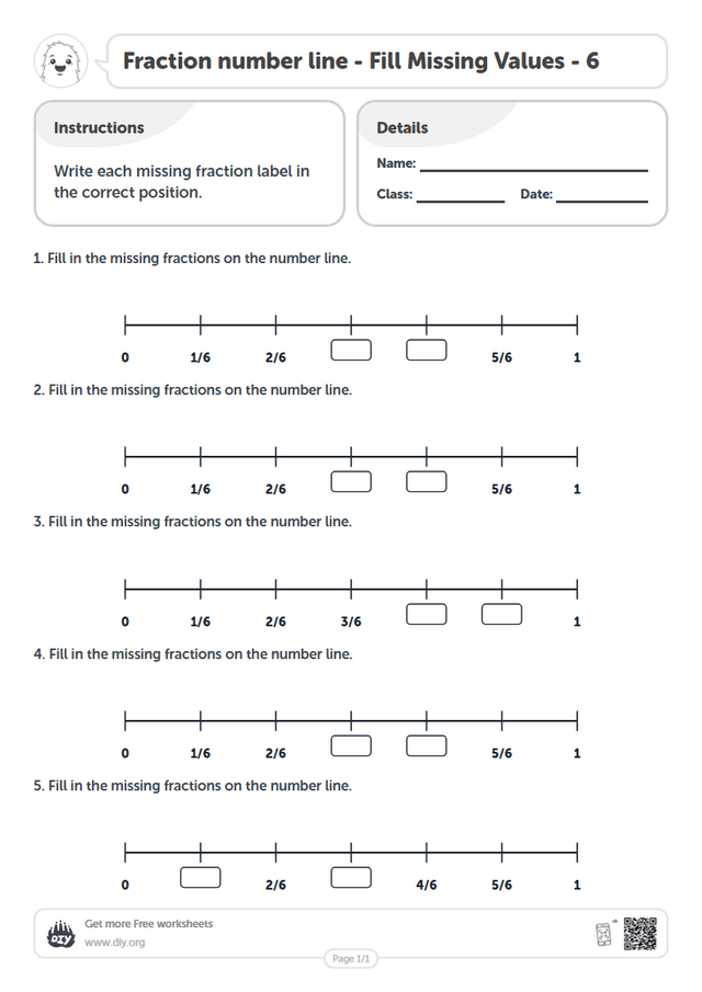 Fraction number line - Fill Missing Values - 6 page 1