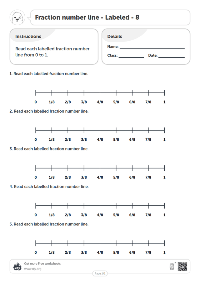 Fraction number line - Labeled - 8 page 1