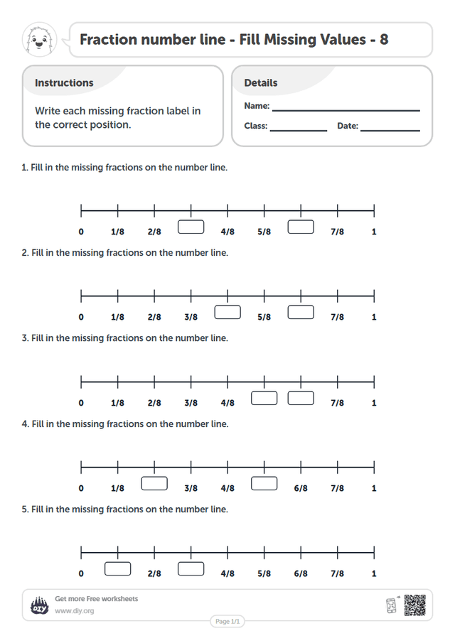 Fraction number line - Fill Missing Values - 8 page 1