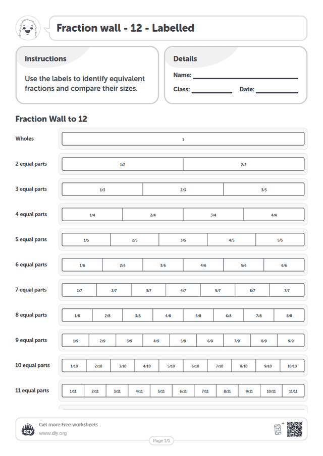 Fraction wall - 12 - Labelled page 1