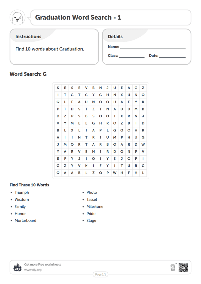 Graduation Word Search page 1