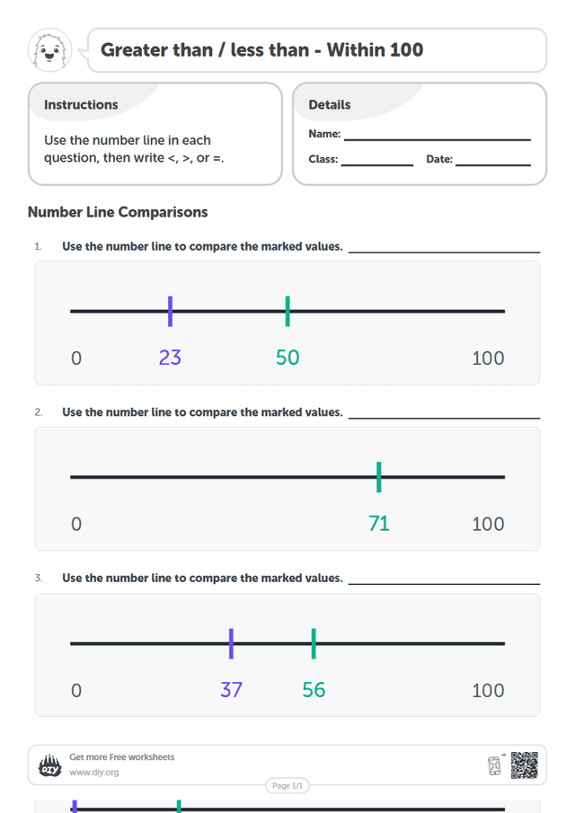 Greater than / less than - Within 100 page 1