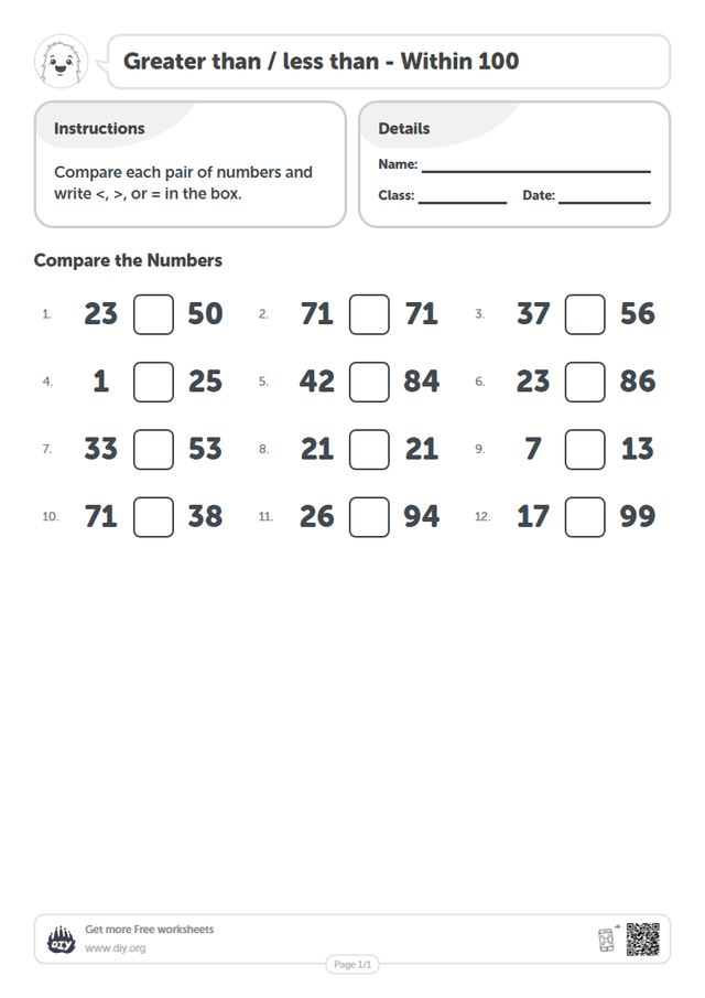Greater than / less than - Within 100 page 1
