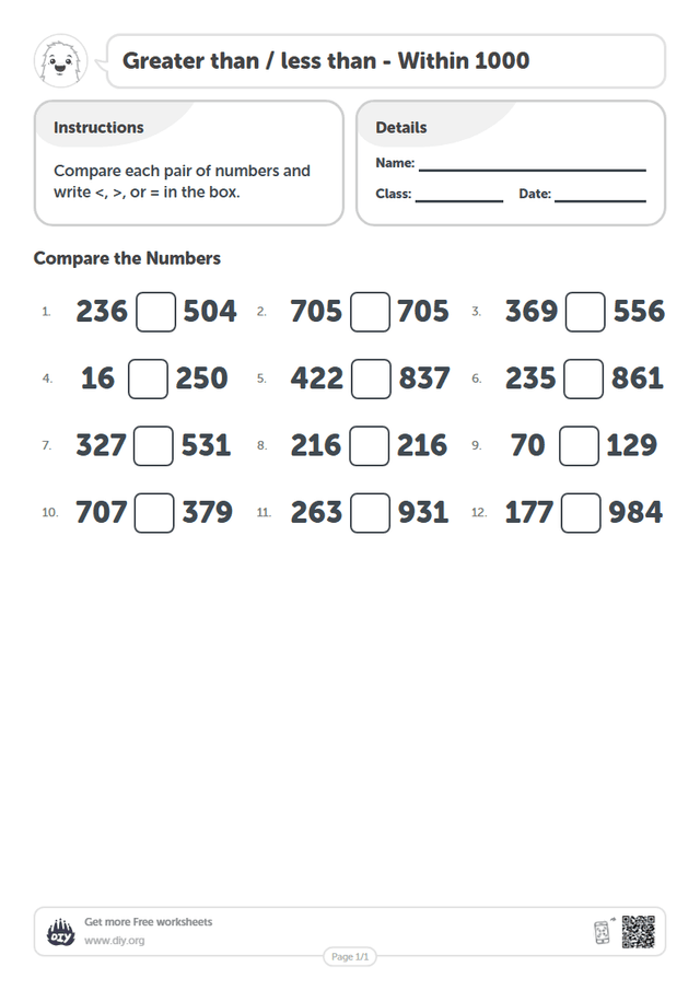 Greater than / less than - Within 1000 page 1