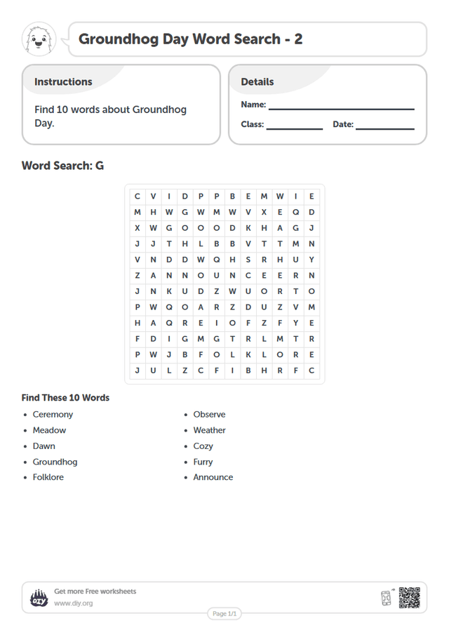 Groundhog Day Word Search page 1