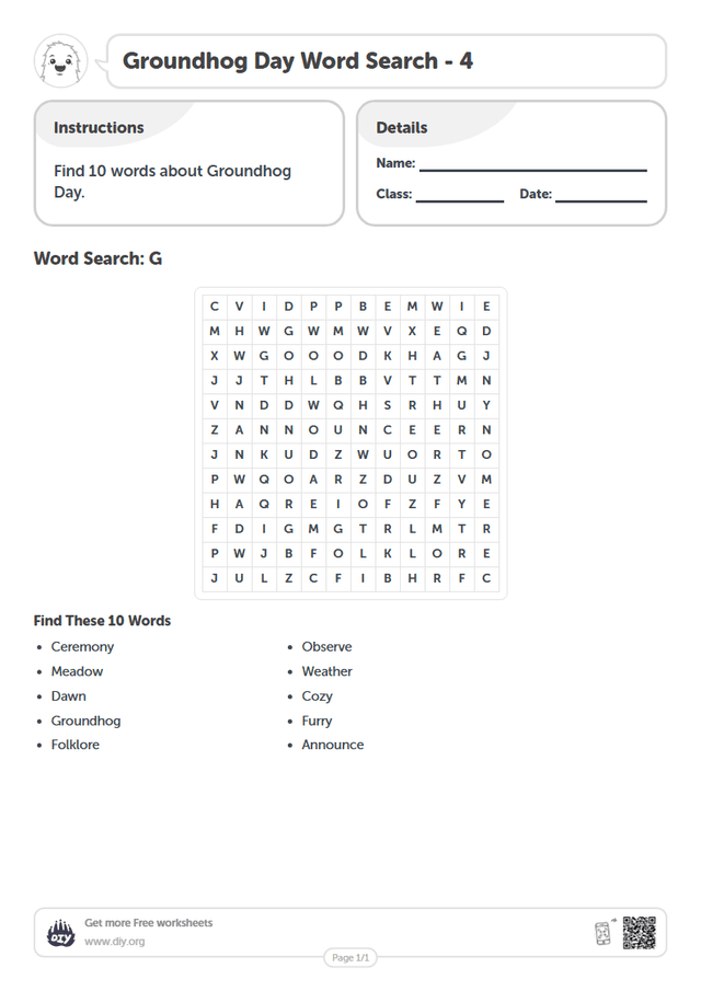 Groundhog Day Word Search page 1