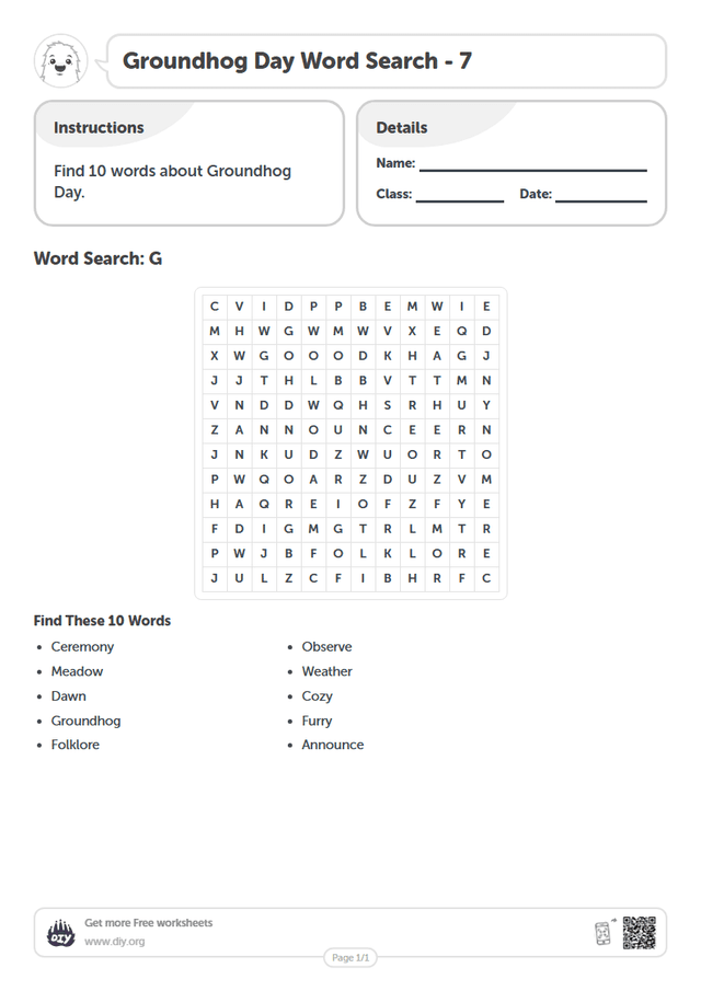 Groundhog Day Word Search page 1